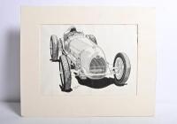 BUGATTI: An original 1938 Bugatti 3-Litre ink drawing by R.Shepherd