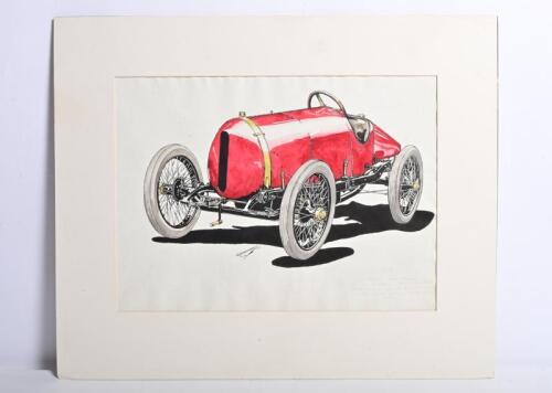 BUGATTI 8 CYLINDER: An original 1913 Bugatti 8 Cylinder ink and water colour drawing by R.Shepherd