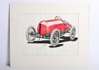 BUGATTI 8 CYLINDER: An original 1913 Bugatti 8 Cylinder ink and water colour drawing by R.Shepherd