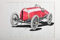 BUGATTI 8 CYLINDER: An original 1913 Bugatti 8 Cylinder ink and water colour drawing by R.Shepherd - 2