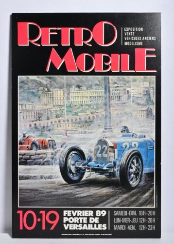 RETROMOBILE: A 1989 'RETROMOBILE' promotional board depicting a Bugatti Type 59 in a state of race