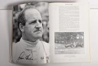 GRAND PRIX: 'THE GRAND PRIX DRIVERS' softcover book. Book signed by 10 World Champions and 5 Grand Prix winners. Signatures include Juan Manuel Fangio, Denis Hulme, Alan Jones, Rene Arnoux, Stirling Moss & Patrick Tambay. Superb signature set - 15