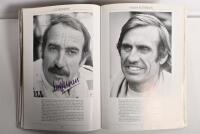 GRAND PRIX: 'THE GRAND PRIX DRIVERS' softcover book. Book signed by 10 World Champions and 5 Grand Prix winners. Signatures include Juan Manuel Fangio, Denis Hulme, Alan Jones, Rene Arnoux, Stirling Moss & Patrick Tambay. Superb signature set - 23