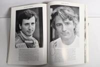GRAND PRIX: 'THE GRAND PRIX DRIVERS' softcover book. Book signed by 10 World Champions and 5 Grand Prix winners. Signatures include Juan Manuel Fangio, Denis Hulme, Alan Jones, Rene Arnoux, Stirling Moss & Patrick Tambay. Superb signature set - 32