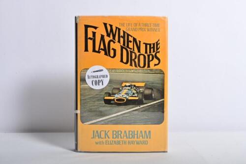 BRABHAM: 'WHEN THE FLAG DROPS' hardcover book by Jack Brabham with Elizabeth Hayward. Sir Jack Brabham signature to title page