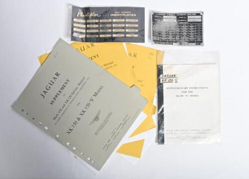 JAGUAR: Five Jaguar related items. Jaguar Service Manual Supplements, Jaguar XK.150 Identification Plate & Plastifilm Self-Adhesive IDENTIPLATES set