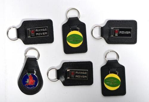 KEYRINGS: Six English marque keyrings including 'LAND ROVER', 'RANGE ROVER', 'ROVER' keyrings