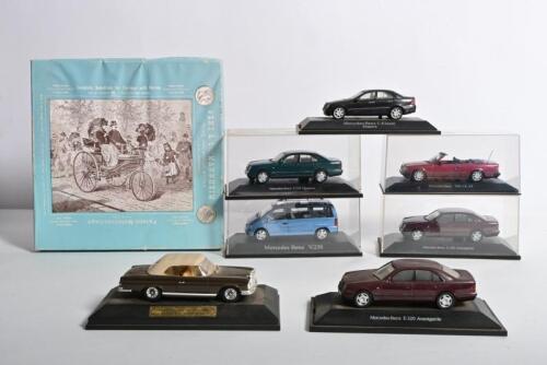 MERCEDES-BENZ: A collection of seven 1:43 scale Mercedes-Benz models and scarf, handkerchiefs set. 1960's Mercedes-Benz 220SE Coupe, Mercedes-Benz 300CE-24, Mercedes-Benz E320 models
