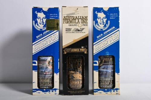 RACING PORT: Three bottles of unused and unopened South Australian brandy/port. Two Limited Release bottles of 'DICK JOHNSON AUSTRALIAN TOURING CAR CHAMPION - AUSTRALIAN CHAMPIONS PORT - Series 1' & Peter LIEBICH PORT 1985 'AUSTRALIAN FORMULA ONE GRAND P