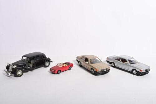 BBURAGO: Four Bburago models. Two Mercedes-Benz 500 SEC models & Citroen 15cv models