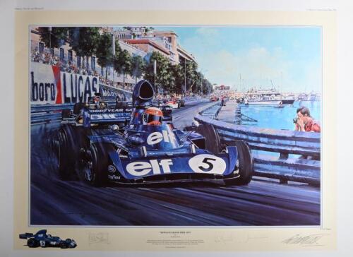 MONACO GRAND PRIX: A Nicholas Watts signed print - 'MONACO GRAND PRIX 1973'. L.E 400/500. Print with Jackie Stewart, Ken Tyrrell, Derek Gardner signatures
