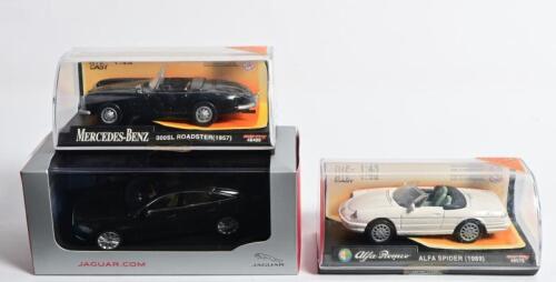 MODEL CARS: Three 1:43 scale model cars by various model manufacturers. Jaguar XJ, Alfa Romeo Spider, Mercedes-Benz 300SL Roadster models