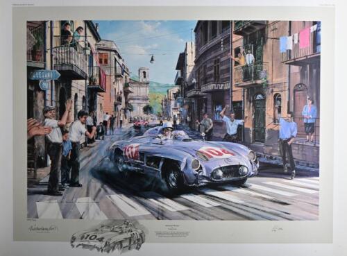 MOSS:A Nicholas Watts print - "SICILIAN MAGIC" - depicts Stirling Moss in the Mercedes-Benz 300 SLR racing to victory at the 1955 Targa Florio. L.E 400/500. Stirling Moss signature