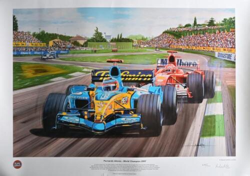 ALONSO: A 2005 Andrew Kitson print - 'Fernando Alonso - World Champion 2005'. Limited Edition of 486/500. Signed by Artist