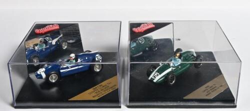 COOPER: Two versions of the Cooper T51 by Quartzo in 1:43 scale. 1959 Cooper Climax of Sir Jack Brabham winning at 1959 British Grand Prix & Cooper Climax T51 of "ROB WALKER", Maurice Trintignant as raced at Monaco G.P 1959. "ROB WALKER" Cooper Climax L.E