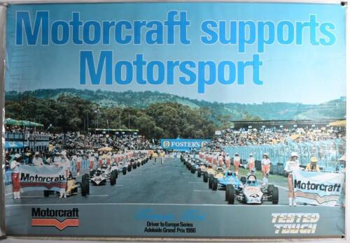FORMULA FORD: A laminated colour poster of 'Motorcraft supports Motorsport - Formula Ford, Driver to Europe Series Adelaide Grand Prix 1986'
