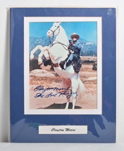 THE LONE RANGER: A colour picture of Clayton Moore as 'The Lone Ranger' mounted on board, autographed by Clayton Moore with COA