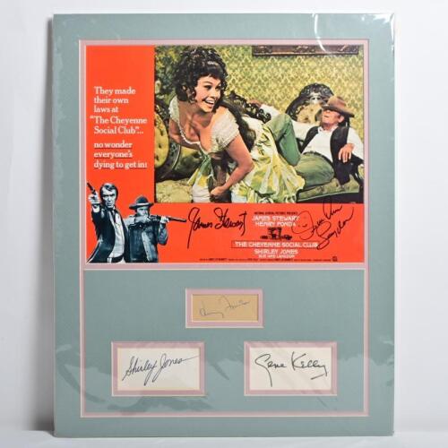 THE CHEYENNE SOCIAL CLUB: A well presented board mounted 'The Cheyenne Social Club' movie poster, with three mounted signatures on card, Shirley Jones, Gene Kelly, and Henry Fonda. Poster also autographed by James Stewart, and Sue Ane Langdon.