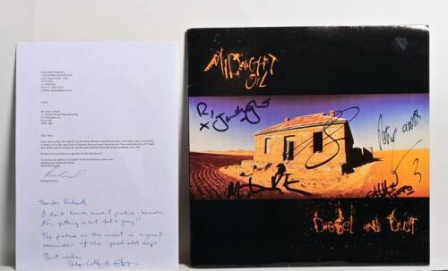 MIDNIGHT OIL: A autographed 'Diesel and Dust', CBS Records vinyl album, with large autographed fold out Warakurna poster, with autographed letter to Peter Gifford