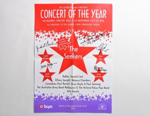 THE SEEKERS: A poster from the 2001 'Concert of the Year' featuring performances from The Seekers, Judith Durham, Keith Potger, Athol Guy and Bruce Woodley, autographed by all four personality's 'To Richard'