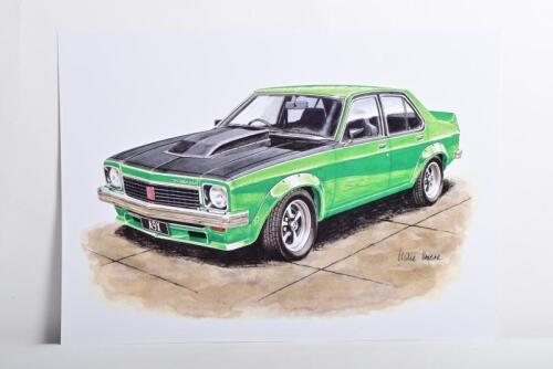 TORANA: A colour print after the original artwork depicting a A9X Holden Torana