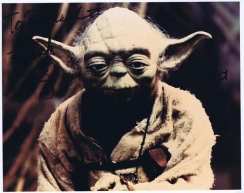 STAR WARS: A colour picture of Yoda autographed by Frank Oz with personalised message