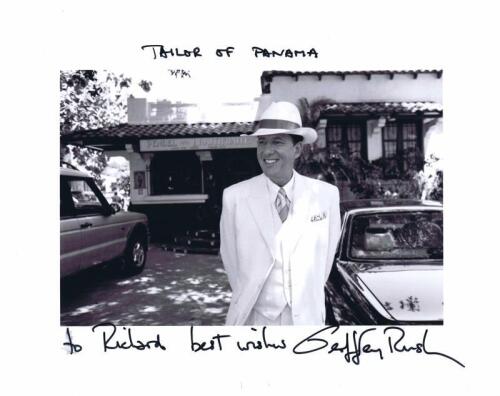 GEOFFREY RUSH: A black and white picture from Tailor of Panama, autographed personally "To Richard Best Wishes" by Geoffrey Rush