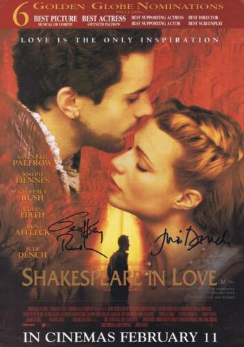 SHAKESPEARE IN LOVE: A colour 'Shakespeare In Love' double sided movie pamphlet autographed by Geoffrey Rush and Judi Dench on cover.