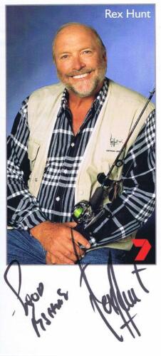 REX HUNT: A coloured card depicting Rex Hunt. Autographed By Rex Hunt 'Rod Fishing'.