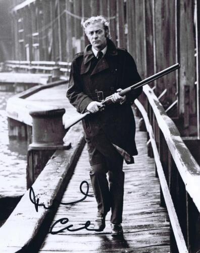 MICHAEL CAINE: A black and white picture depicting Michael Caine from "Get Carter" autographed by Michael Caine