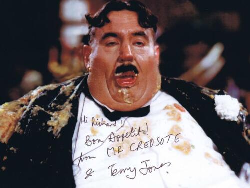 MONTY PYTHON: A colour picture depicting Monty Python's Mr Creosote, personally signed and inscribed by Terry Jones