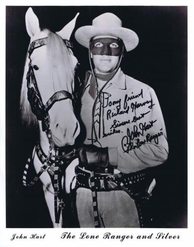 THE LONE RANGER: A black and white picture of John Hart as 'The Lone Ranger' with white stallion 'Silver', picture personally inscribed and signed by John Hart