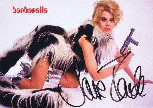 JANE FONDA: A colour post card of 'Barbarella Fur & Gun' autographed by Jane Fonda