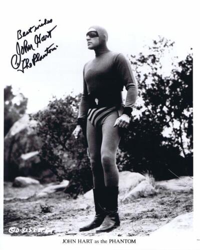 THE PHANTOM: A black and white picture featuring John Hart as the Phantom, autographed by John Hart