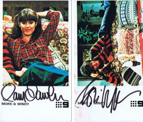 MORK & MINDY: A pair of Mork & Mindy character cards, autographed by actors Pam Dawber and Robin Williams