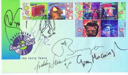SKYHOOKS: A First Day cover - 'Australian Rock 'n' Roll - The Early Years' - with various stamps depicting Australian rock bands. Cover signed by Skyhook band members "SHIRLEY" Strachan, Red Symons, Greg Macainsh, Bob Starkie, "Freddie" Strauks