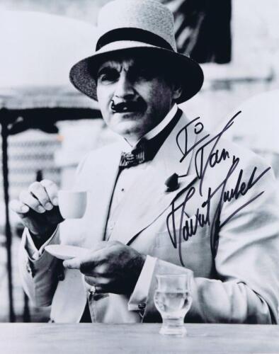 HERCULE POIROT: A black and white picture of Hercule Poirot, personally signed and inscribed by David Suchet