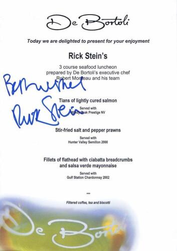 RICK STEIN: A menu from the De Bortoli Restaurant presenting Rick Steins '3 Course Seafood Luncheon' autographed 'best wishes' by Rick Stein