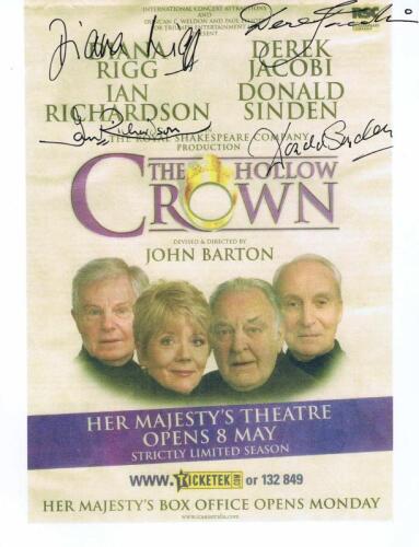 THE HOLLOW CROWN: A printed flyer from 'The Hollow Crown' film autographed by Diana Rigg, Ian Richardson, Derek Jacobi and Donald Sinden