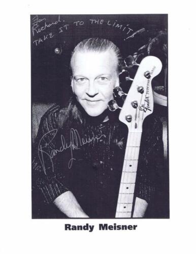 MEISNER: A black and white publicity picture card featuring Randy Meisner. Randy Meisner signature