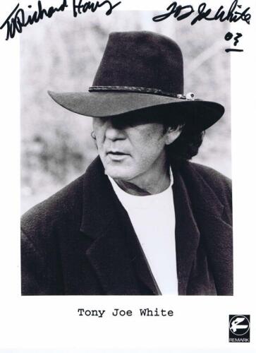 WHITE: A black and white publicity picture card featuring 'Tony Joe White'. Tony Joe White signature
