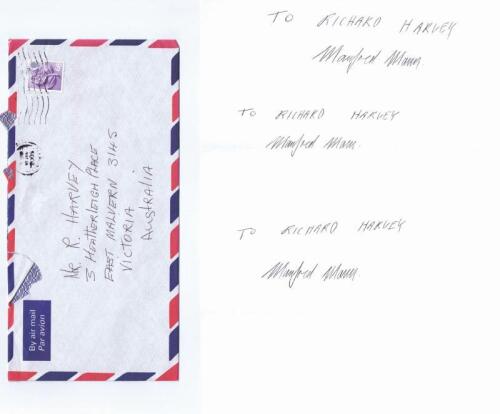 MANFRED MANN: A signed letter with three autographs from Manfred Mann