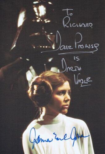 STAR WARS: A post card depicting Darth Vader and Princess Leia, autographed by Dave Prowse and James Earl Jones