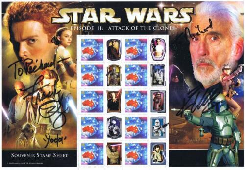 STAR WARS: A Star Wars episode II: Attack of the Clones australian souvenir stamp sheet, personally signed and inscribed by Frank Oz and Kyle Rowling