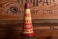 SHELL: A circa 1930s "Shell" embossed one imperial pint oil bottle, with circa 1950s "SHell 40 X-100" tin pourer and dust cover - 3