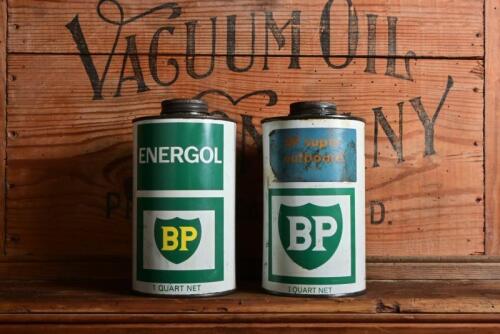 BP: Two one quart BP super outboard & Energol tins with embossed lids