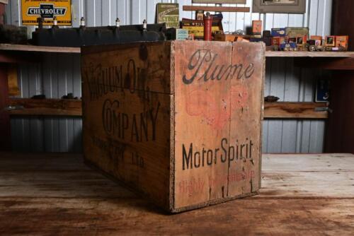 VACUUM/PLUME: A Vacuum Oil Company timber oil bottle box with central devider, printing to three sides