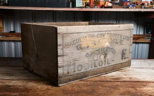 VACUUM: An original "Vacuum Oil Company Gargoyle" wooden crate, 26cm high, 51cm wide, 38cm deep