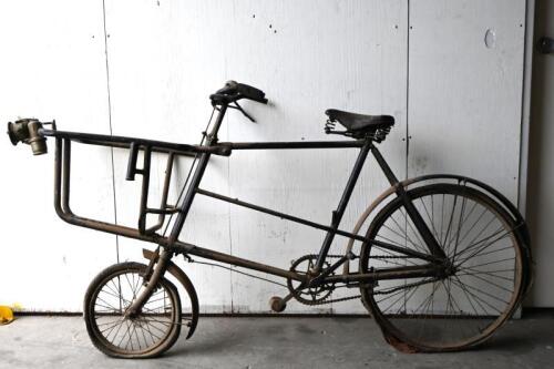 CARGO BICYCLE: A rare circa 1920s steel frame cargo/delivery bicycle with a "Powell & Hammer Panther" acetylene headlamp and "Dunlop, Bules" saddle, would suit display or restoration