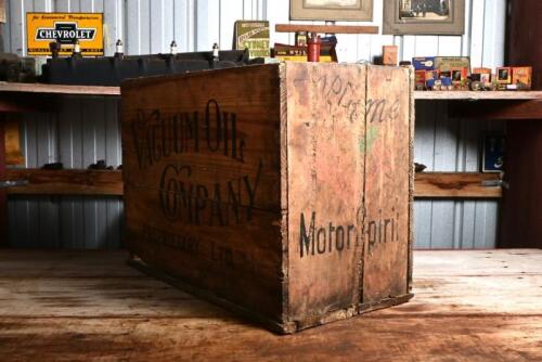 VACUUM: An original "Vacuum Oil Company" wooden oil bottle crate, 37cm high, 53cm wide, 27cm deep